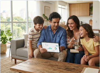 Família em casa acompanhando a economia de energia
