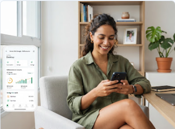 Moradora acompanhando a economia de energia do condomínio pelo celular